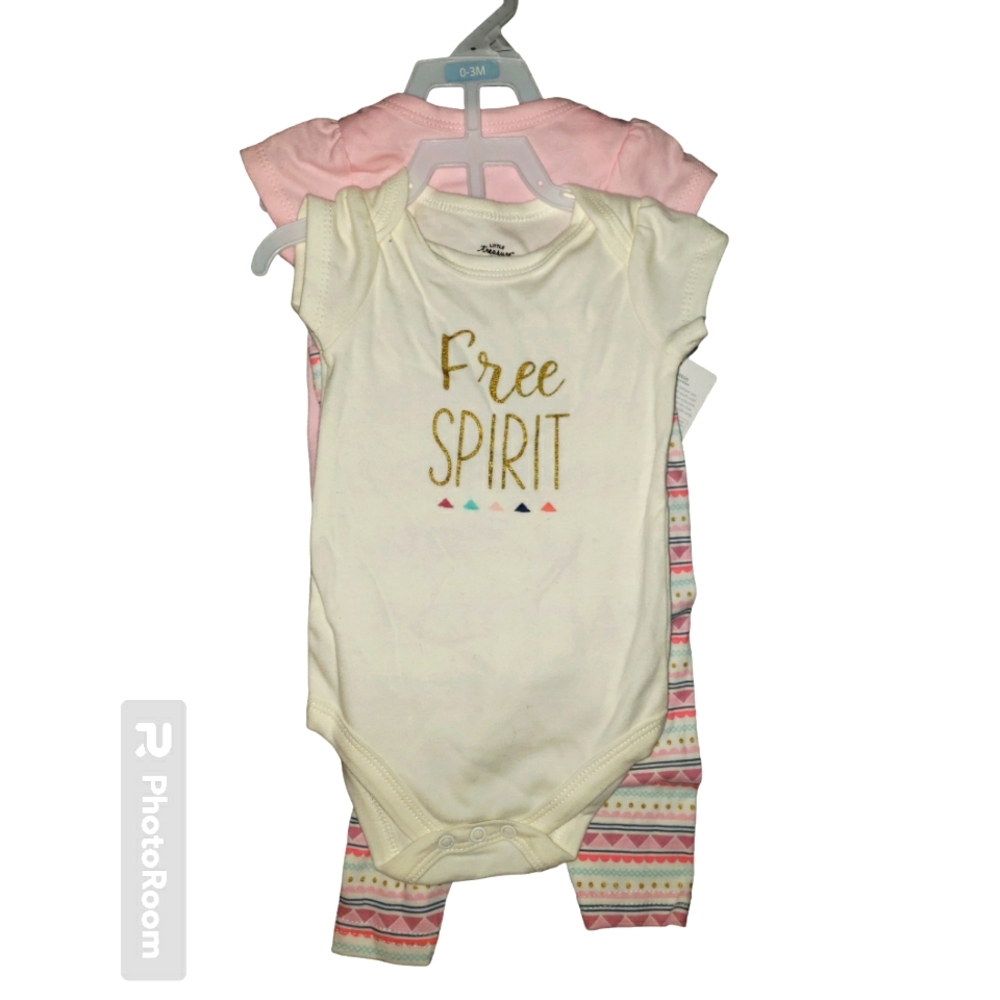 Girls 3 piece set 2 body suits and pants white & pink by little treasure 0-3 m